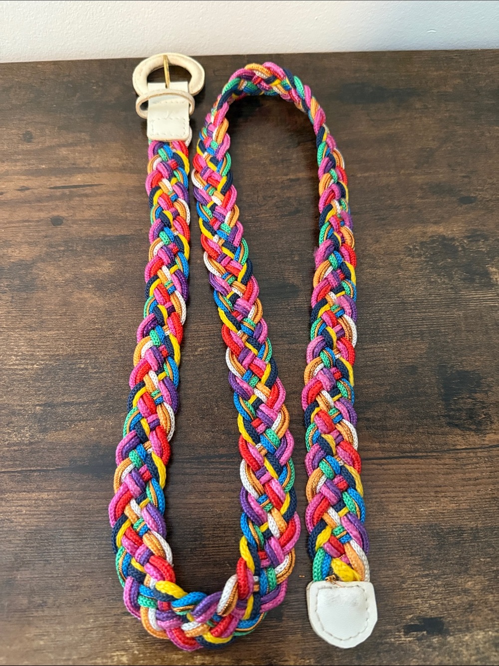 Vintage Braided Nylon Rope Rainbow Multicolor Belt with White Accents Retro